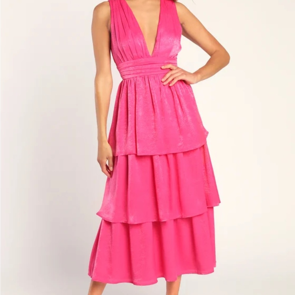 Lulu’s Peak Party Vibe Hot Pink Satin Tiered Tie-Back Midi Dress (Size:M)
